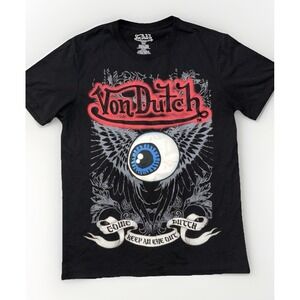 Von Dutch T Shirt Mens MD Black AOP Graphic Keep An Eye Out 3D Embroidered Y2K